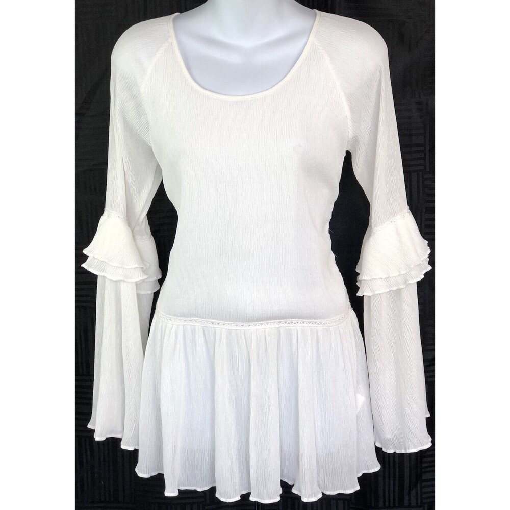 Vintage gauzy Peasant Peplum Top S wht tiered ruffle Bell sleeve Fairy Victorian